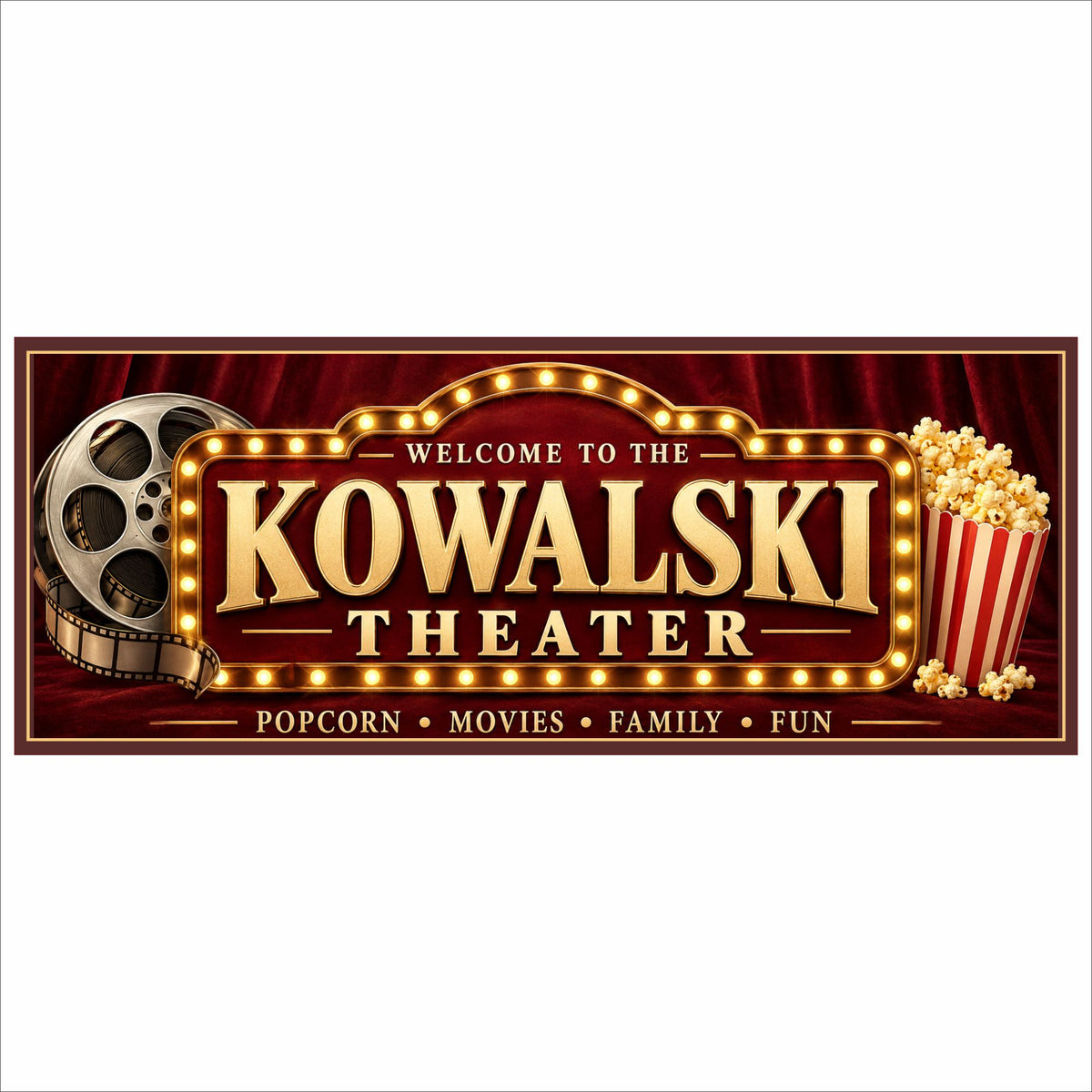 Personalized home theater sign with gold lettering, burgundy curtains, printed marquee bulbs, a silver film reel, and popcorn.