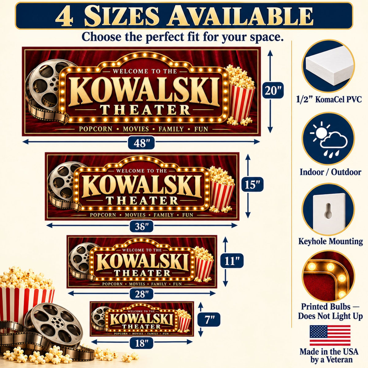 Home theater sign size guide showing 48×20, 36×15, 28×11, and 18×7 inches, with material, mounting, and printed-bulb details.