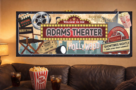 personalized home theater marquee sign on wall above couch in cozy movie room with popcorn and drinks