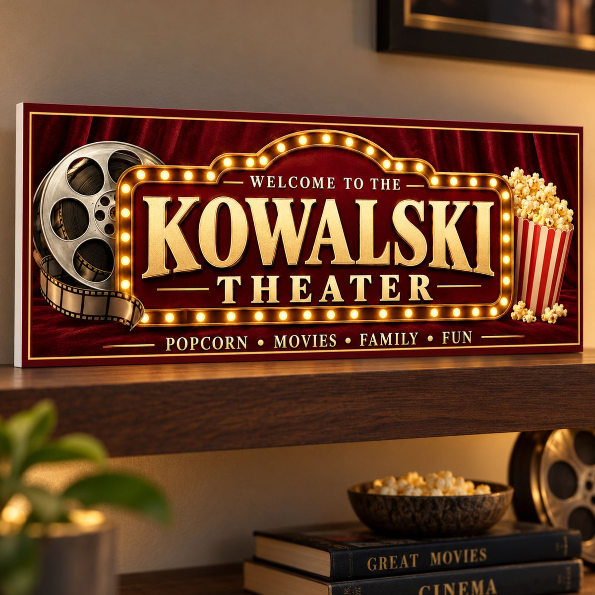 Custom theater sign resting on a walnut shelf with a subtle white PVC edge, movie books, and a bowl of popcorn.