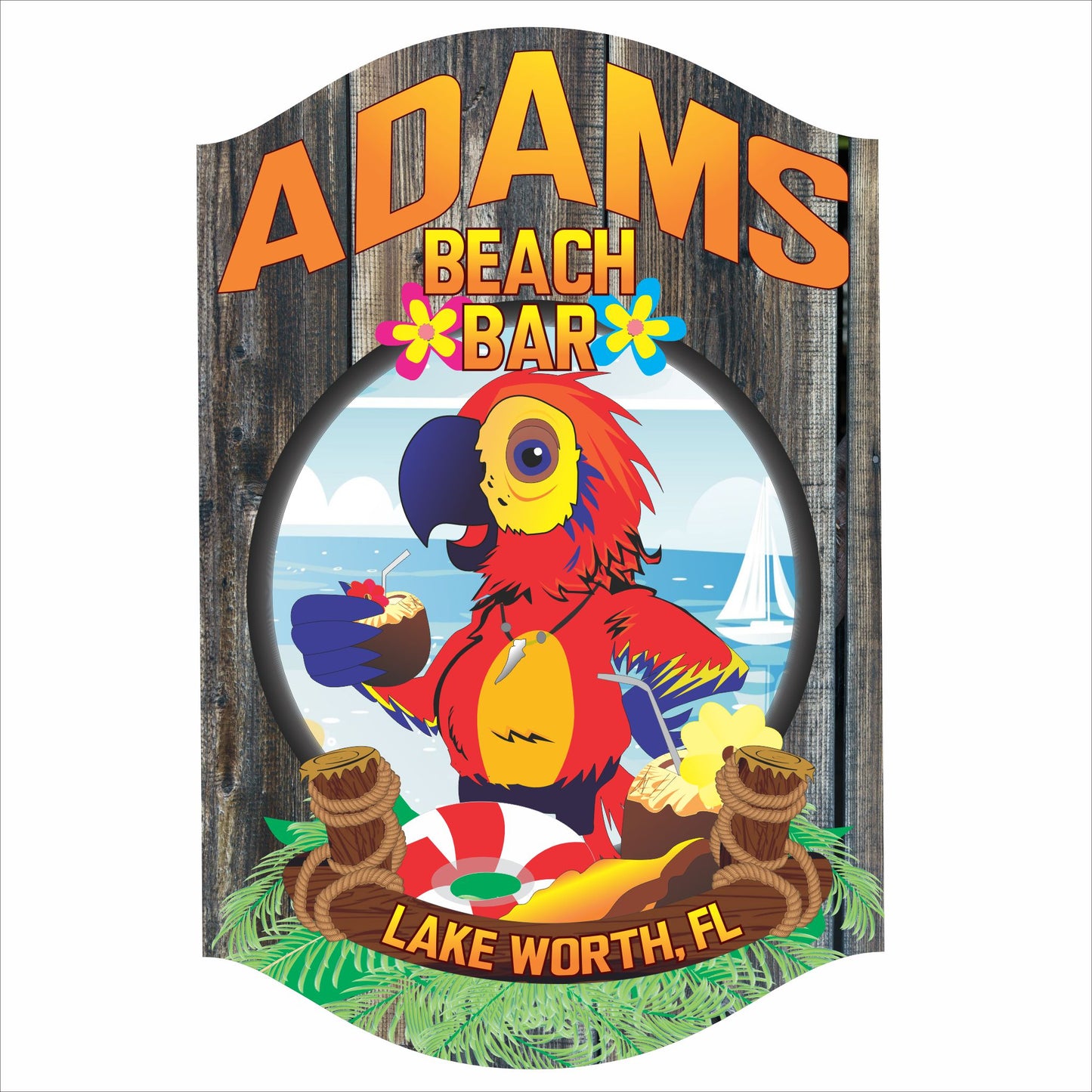 Colorful personalized Parrot Beach Bar sign with tropical parrot, flowers, beach scene, and custom name and location