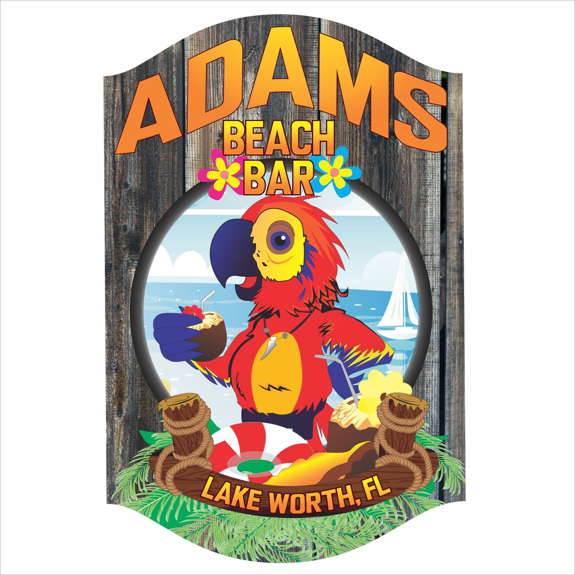 Colorful personalized Parrot Beach Bar sign with tropical parrot, flowers, beach scene, and custom name and location