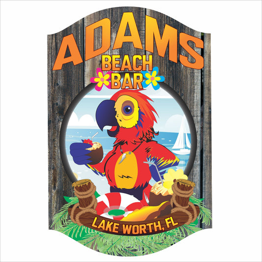 Colorful personalized Parrot Beach Bar sign with tropical parrot, flowers, beach scene, and custom name and location