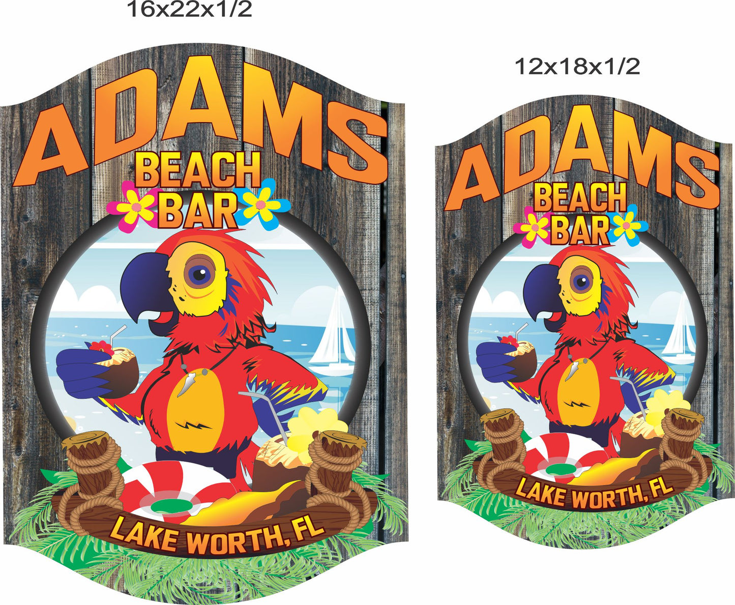 Side-by-side comparison showing the Parrot Beach Bar sign in two sizes, 12×18 inches and 16×22 inches, to help customers choose the best fit
