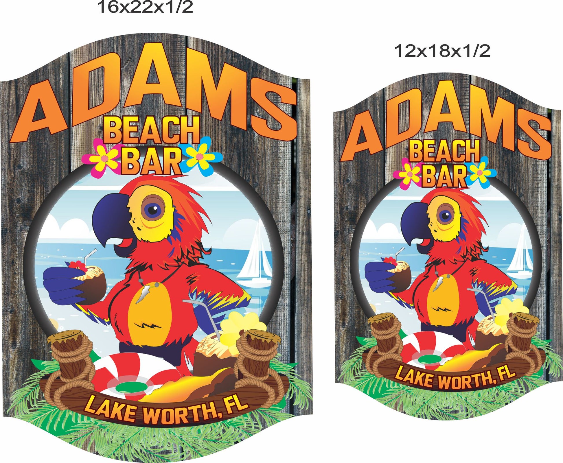 Side-by-side comparison showing the Parrot Beach Bar sign in two sizes, 12×18 inches and 16×22 inches, to help customers choose the best fit