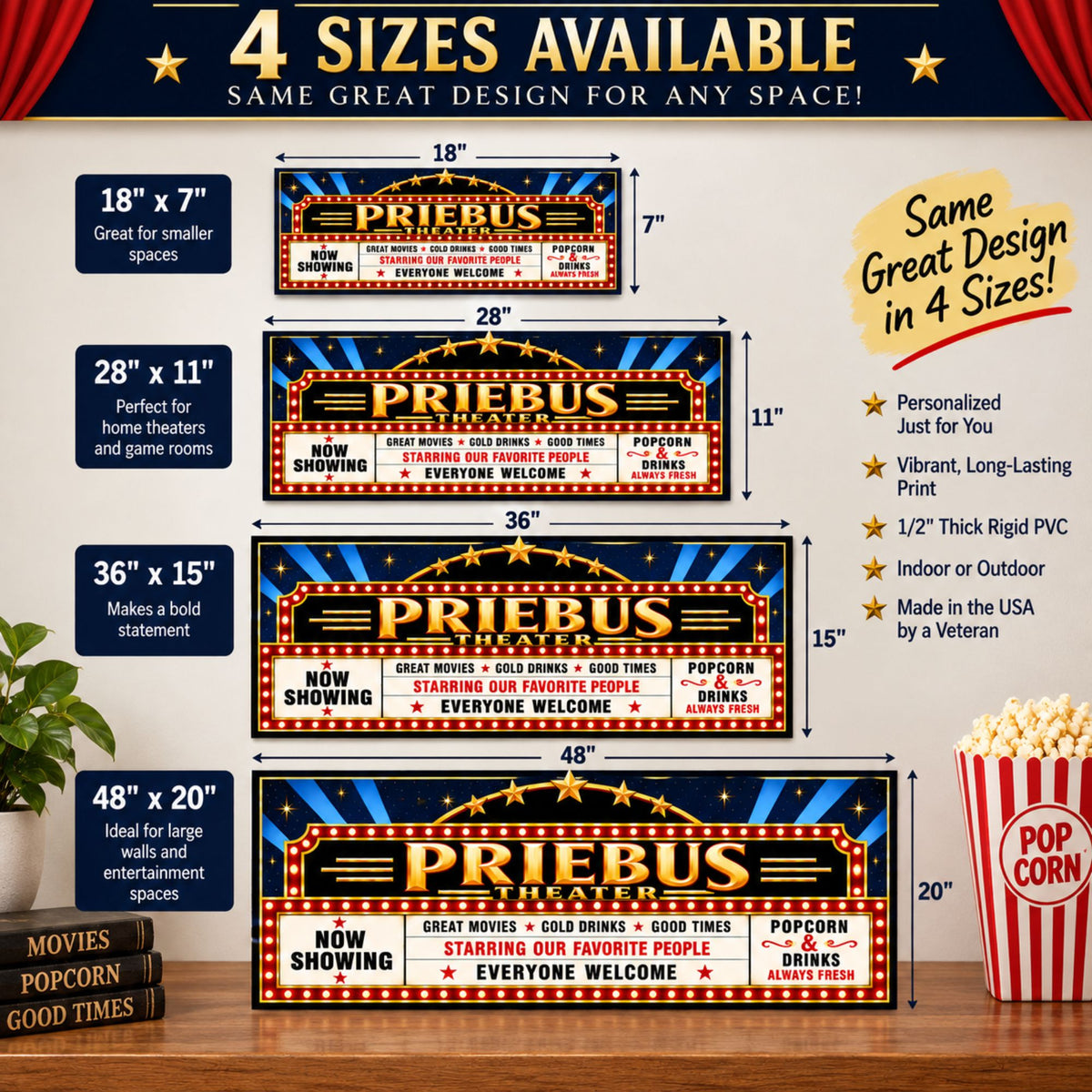 Four-size infographic showing theater sign options in 18x7, 28x11, 36x15 and 48x20.