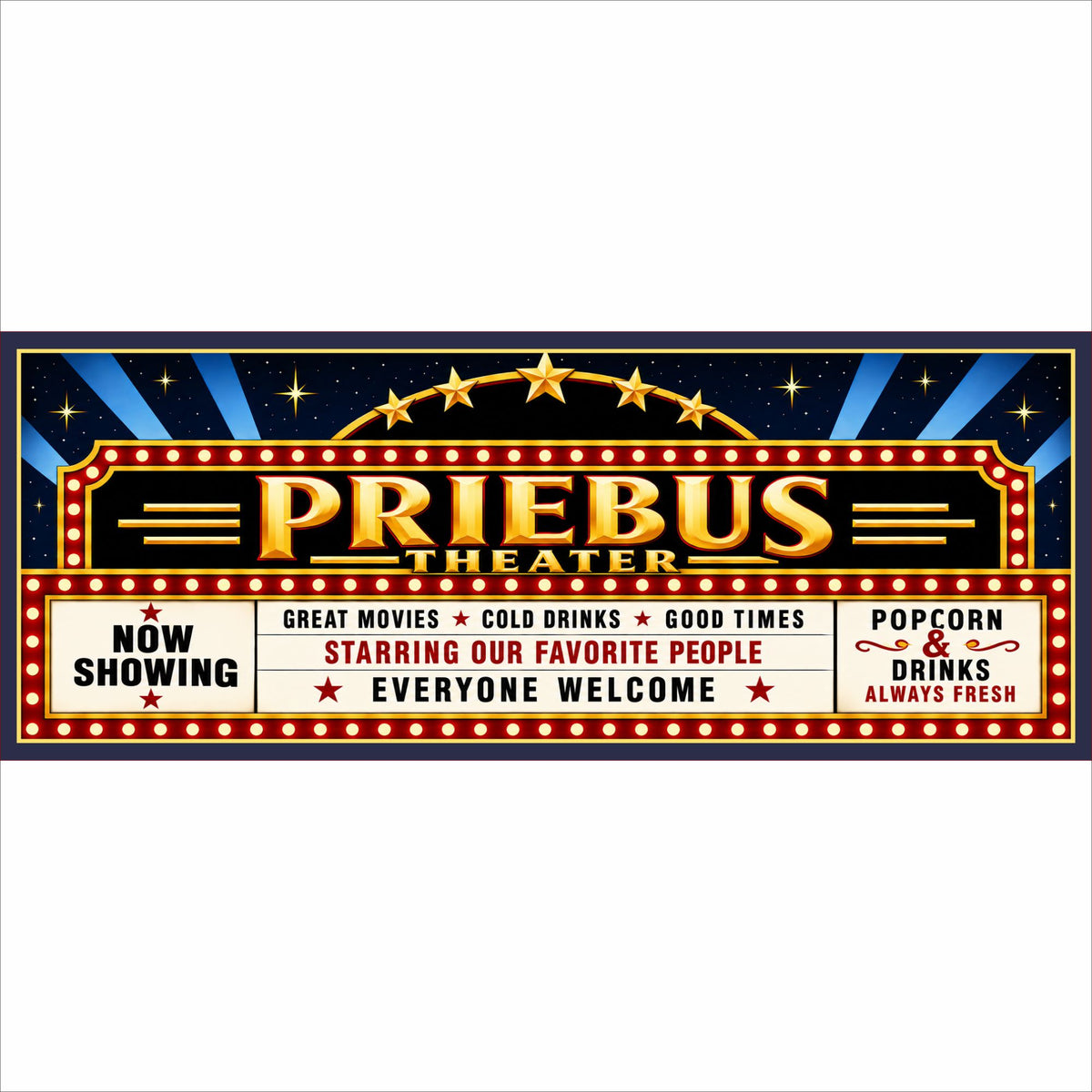 Personalized home theater marquee sign with custom theater name, stars, searchlights and printed lights.
