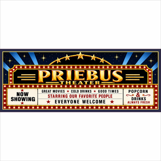 Personalized home theater marquee sign with custom theater name, stars, searchlights and printed lights.