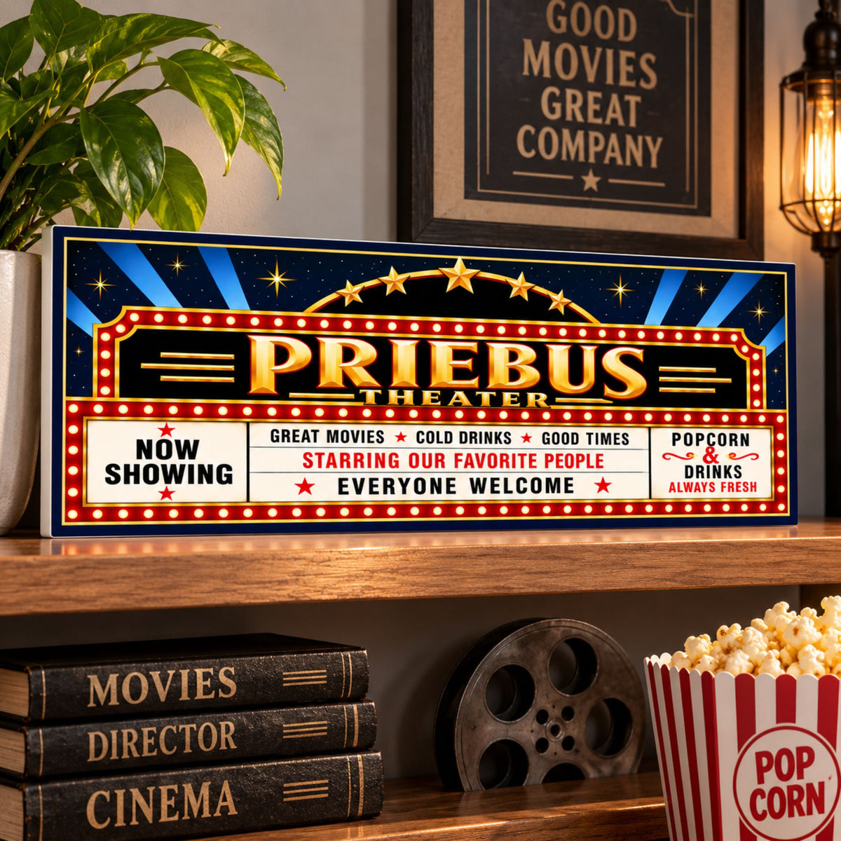 Personalized rigid PVC theater marquee sign displayed on a shelf with classic movie room decor.