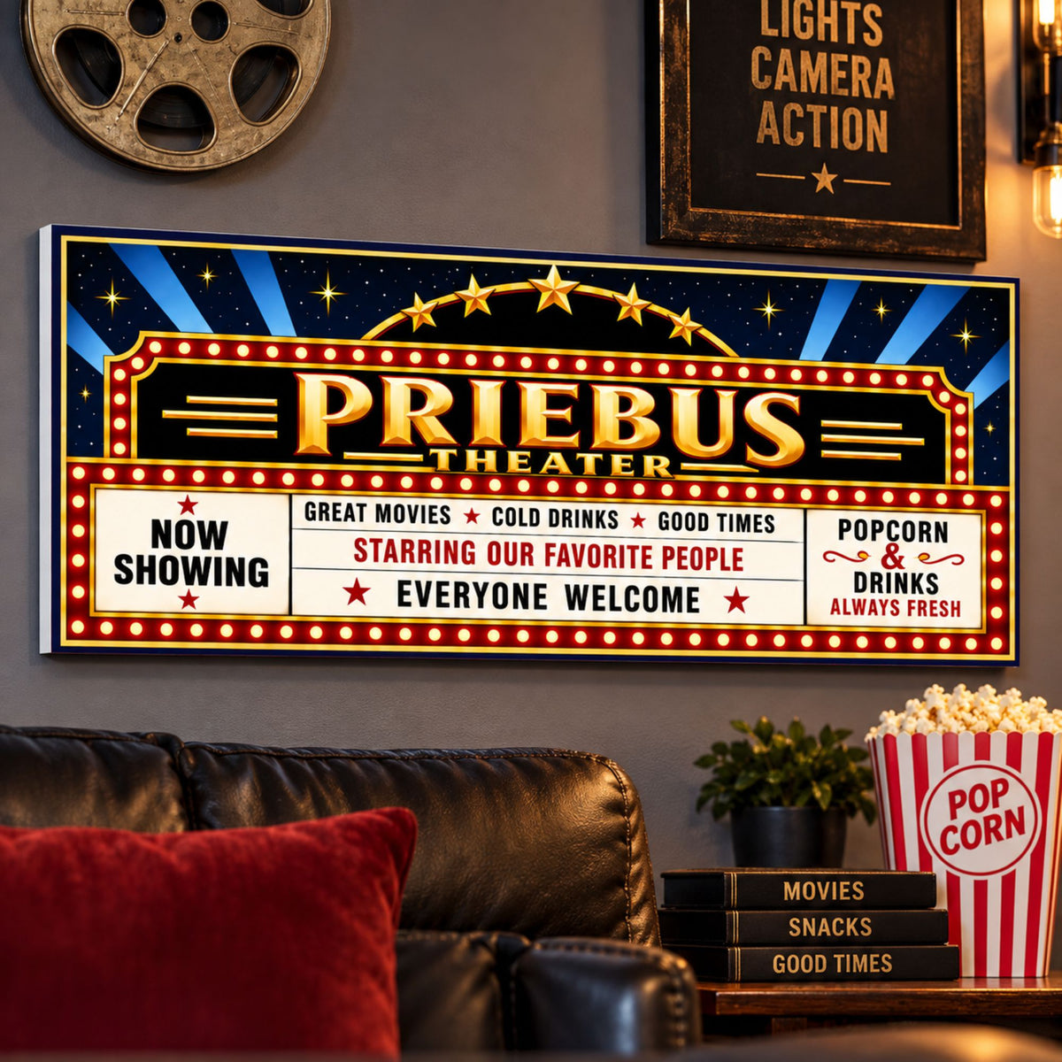 Custom home theater marquee sign displayed above seating in a cozy home cinema room.