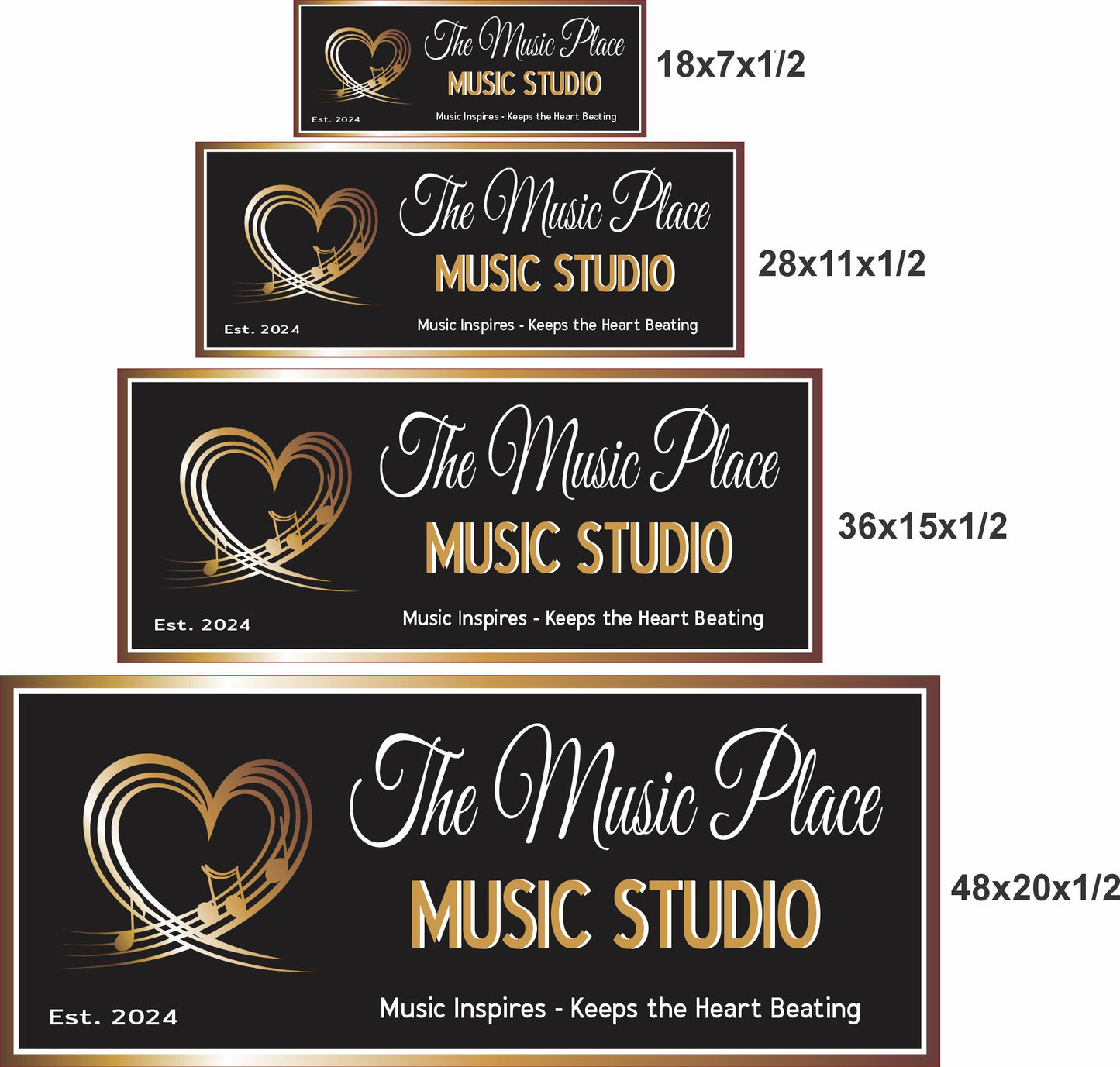 Four Music Studio signs shown in 18x7, 28x11, 36x15, and 48x20 inches for scale reference