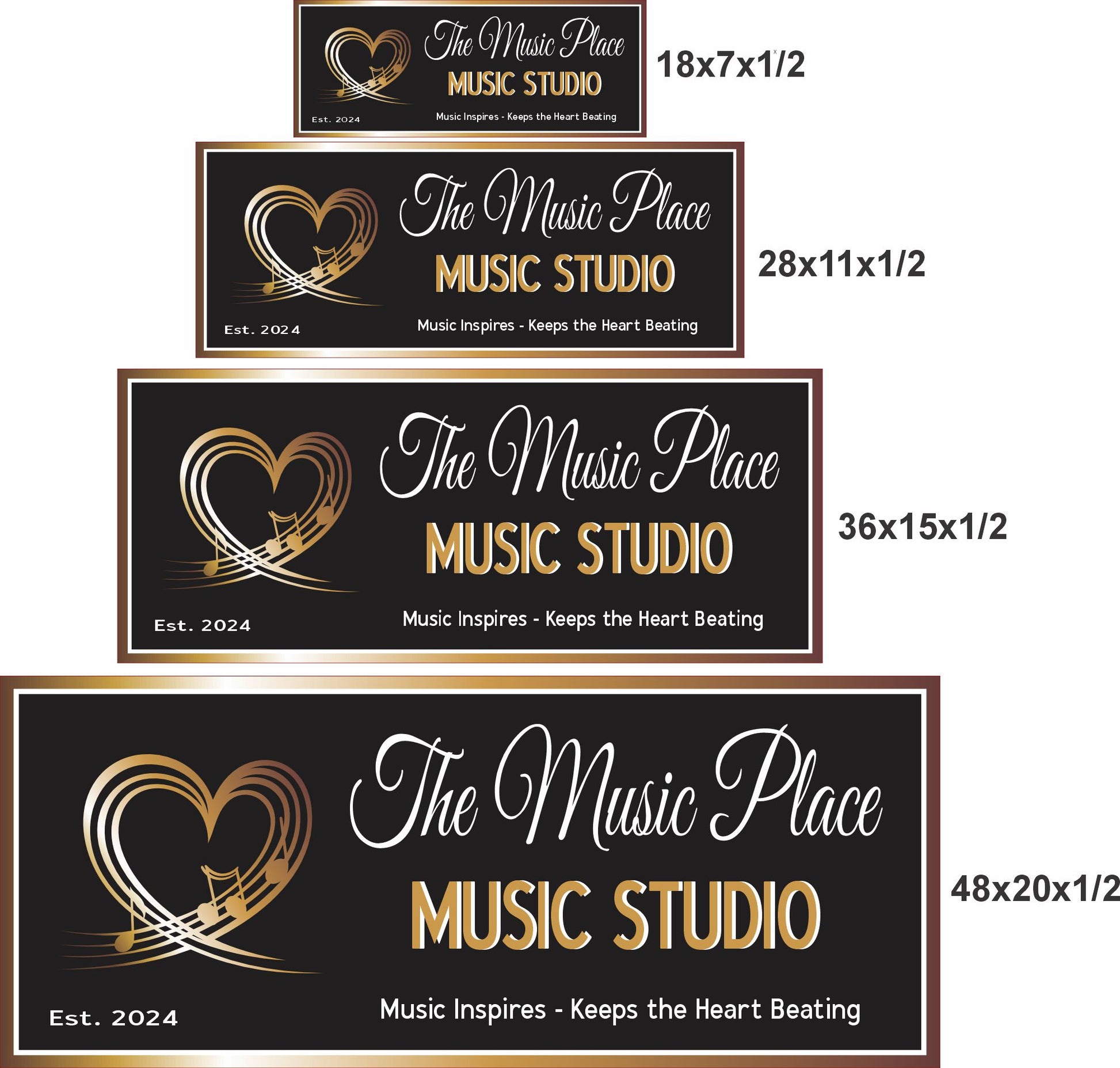 Four Music Studio signs shown in 18x7, 28x11, 36x15, and 48x20 inches for scale reference