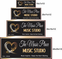 Four Music Studio signs shown in 18x7, 28x11, 36x15, and 48x20 inches for scale reference