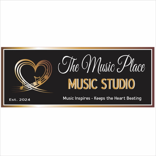 Personalized Music Studio sign with elegant black and gold heart and music note design