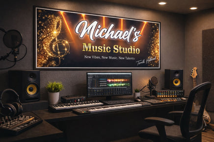 custom music studio wall sign displayed above recording equipment in a modern music room