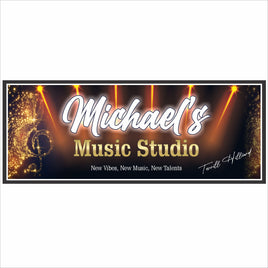 personalized music studio sign with gold musical notes, sparkling lights, and bold lettering