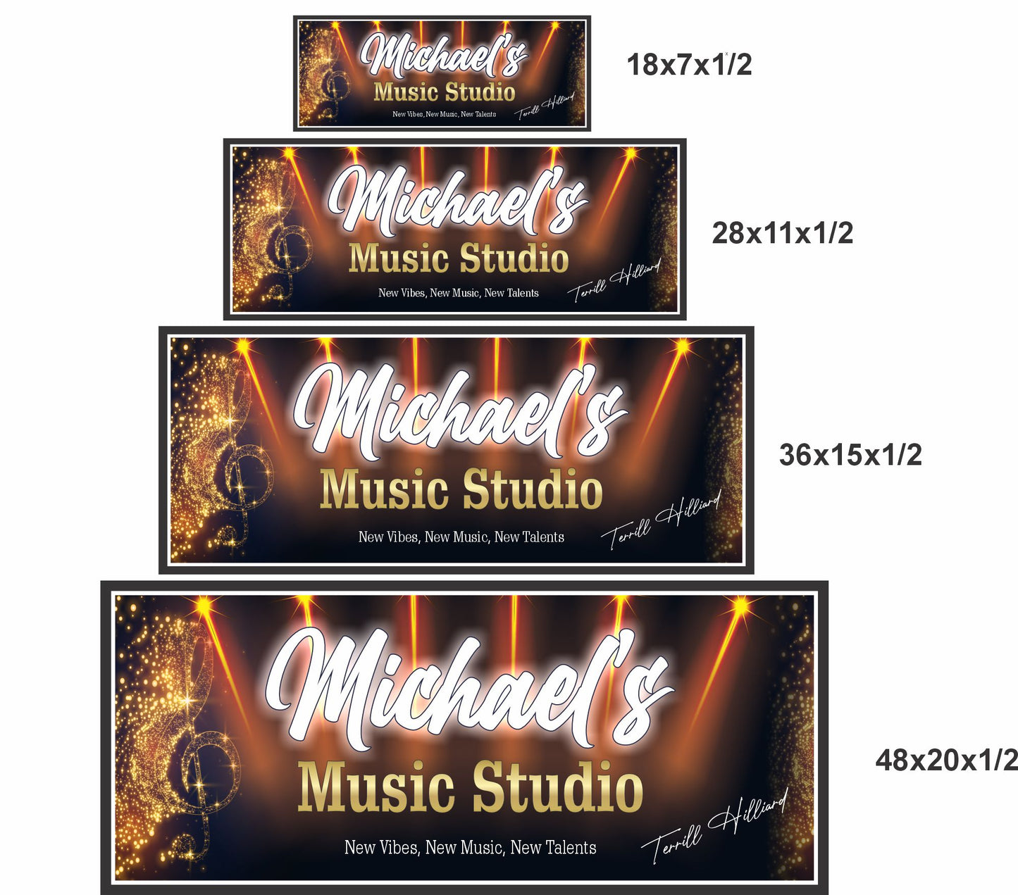 personalized music studio sign shown in four sizes for scale comparison