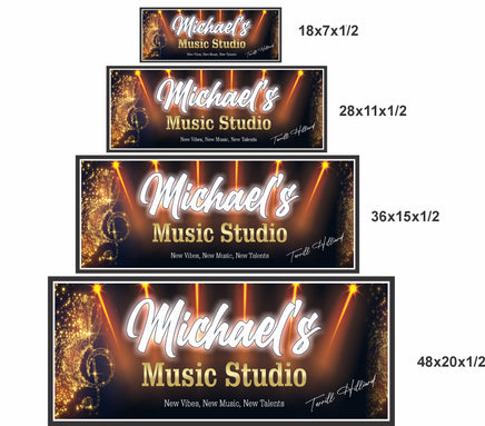 personalized music studio sign shown in four sizes for scale comparison