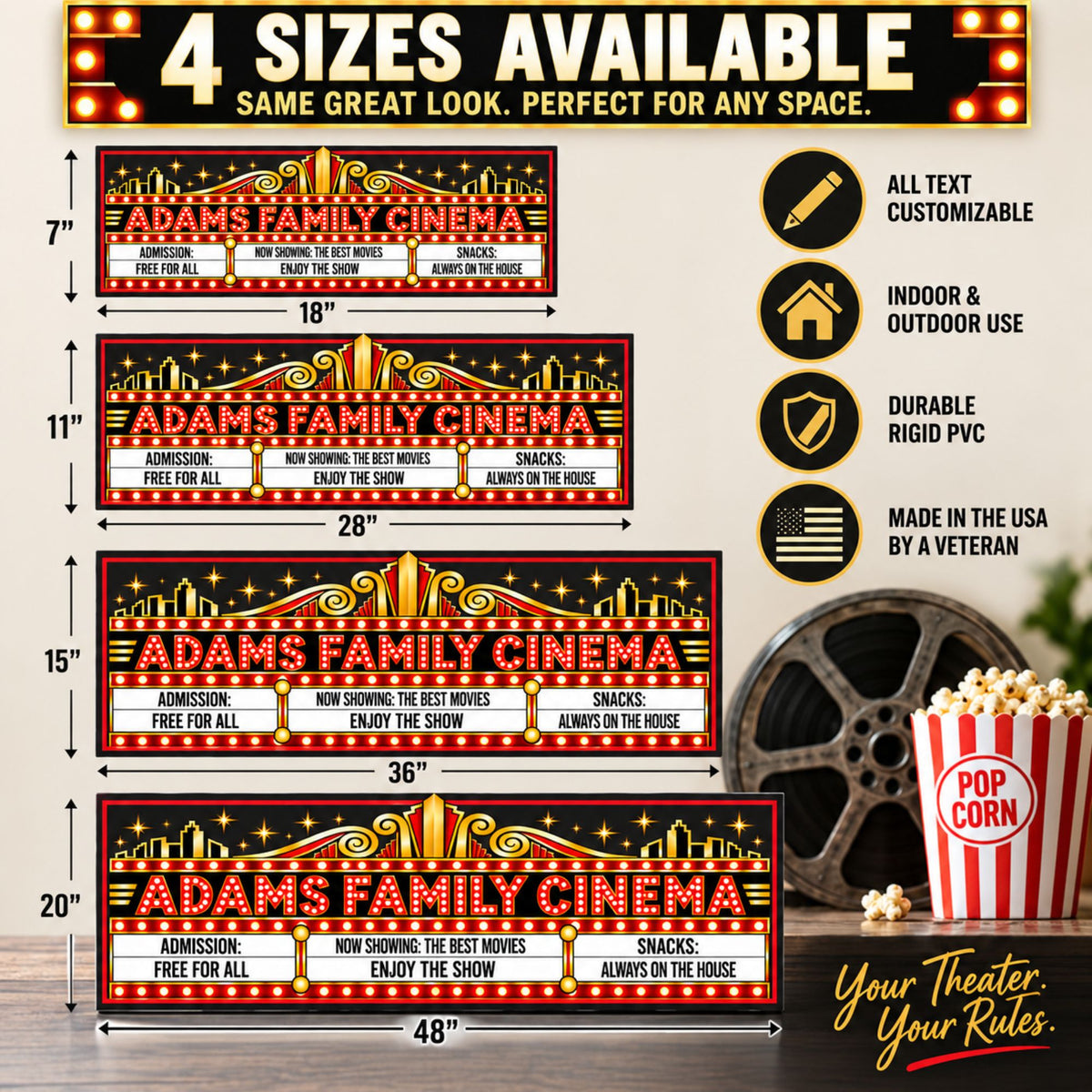 Four-size comparison for personalized theater signs in 18×7, 28×11, 36×15 and 48×20 inches.