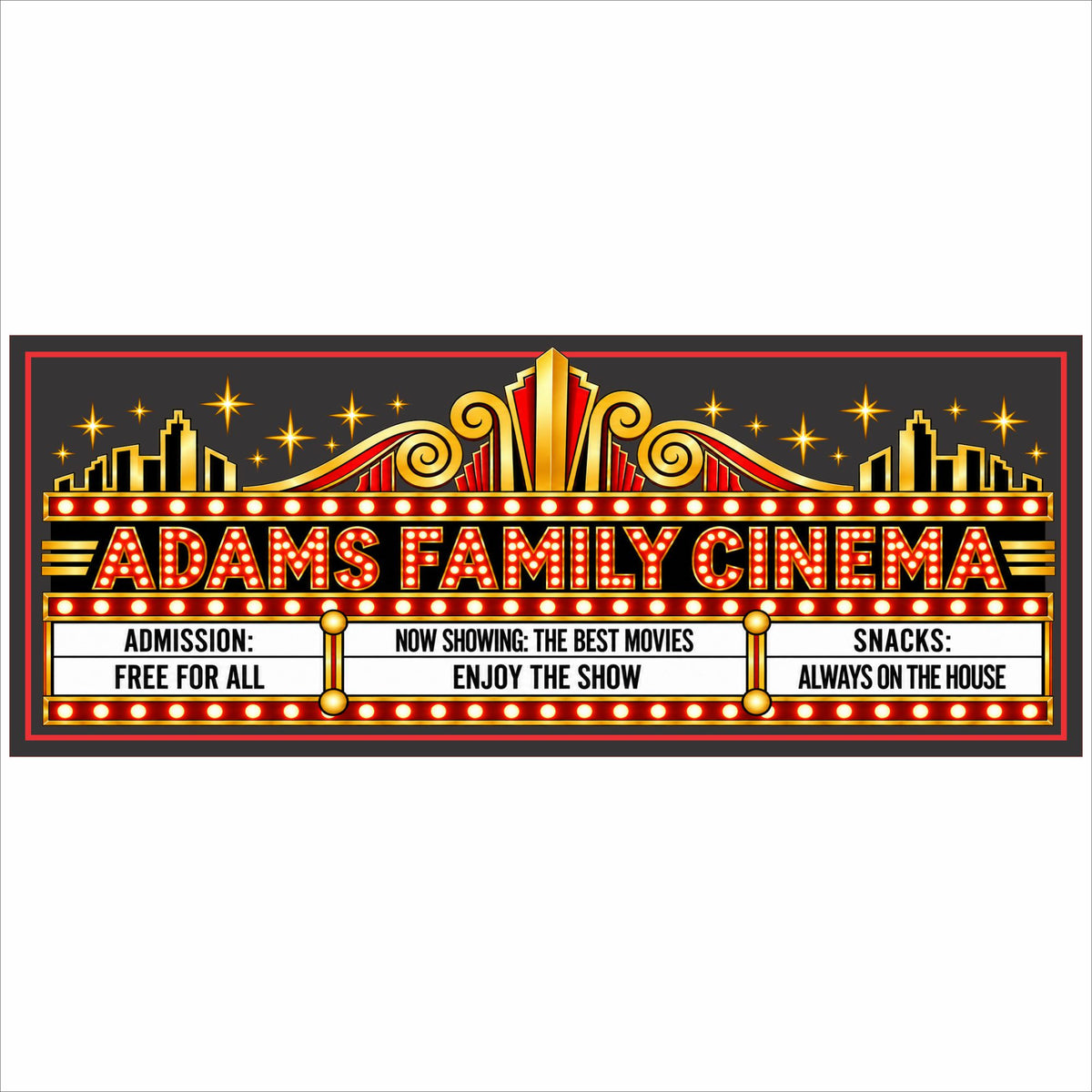 Personalized Art Deco home theater sign with red, black and gold cinema marquee design.