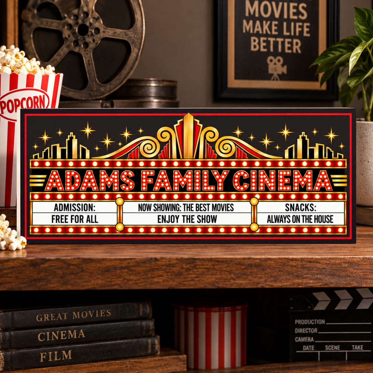 Custom Art Deco cinema sign displayed on a home theater shelf with movie décor.