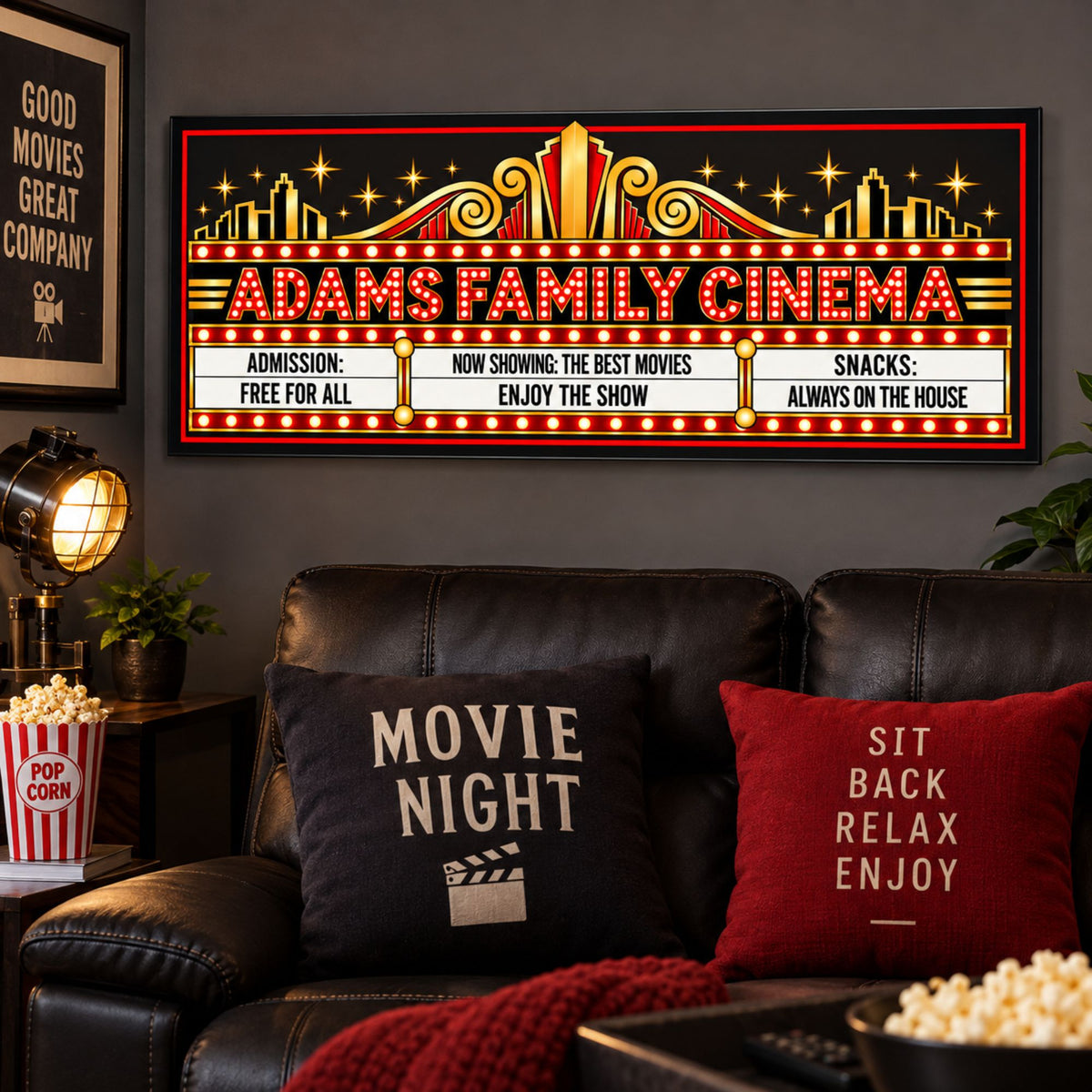 Personalized cinema marquee sign displayed on the wall of a home theater room.