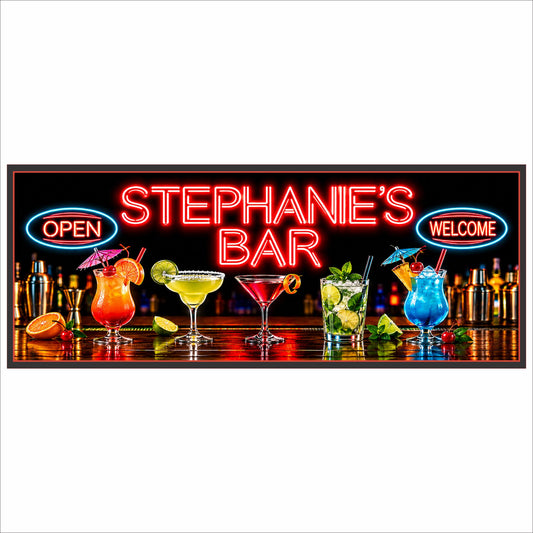 Custom printed home bar sign with red neon-inspired lettering, five colorful cocktails, blue OPEN and WELCOME graphics, and a solid red border.