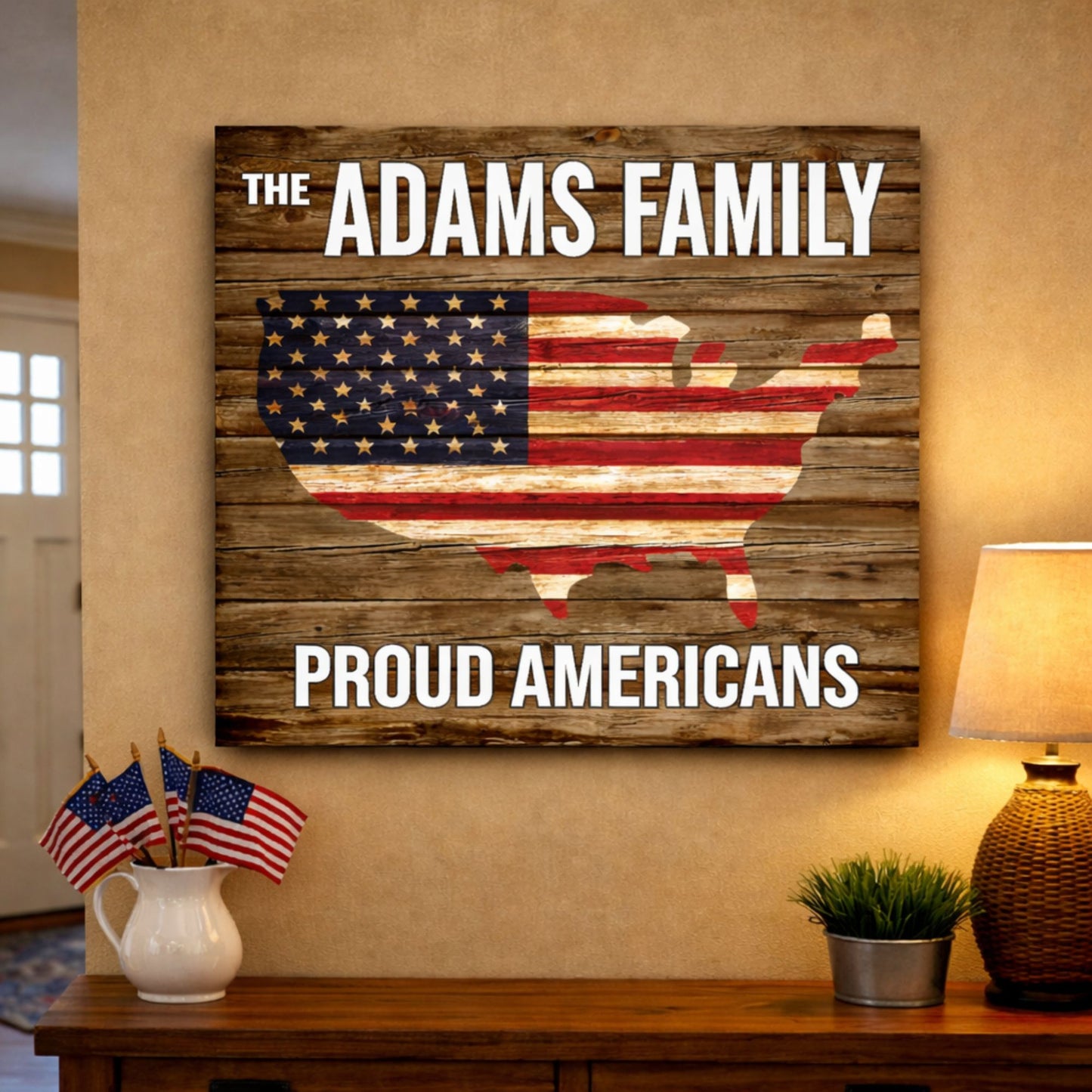 Rustic patriotic family wall sign displayed in a home setting, featuring USA flag design and personalized family name