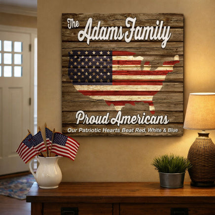 Rustic patriotic family wall sign displayed in a home setting, featuring USA flag design and personalized family name