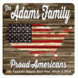 Personalized patriotic family sign with rustic wood background and USA flag map, customizable name and phrase