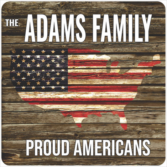 Personalized patriotic family sign with rustic wood background and USA flag map, customizable name and phrase