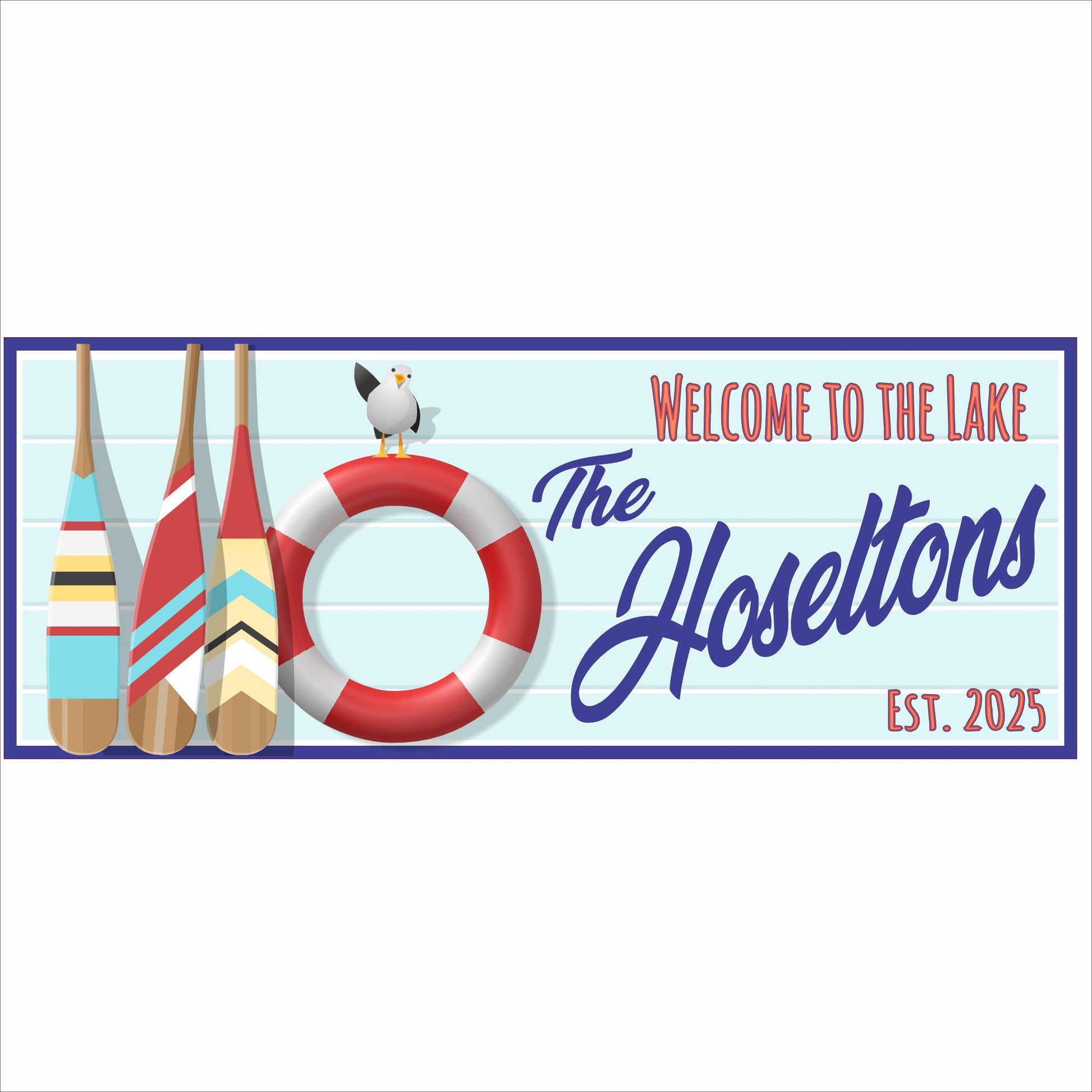 Personalized lake house sign with colorful oars, life preserver, seagull, and family name, reading Welcome to the Lake