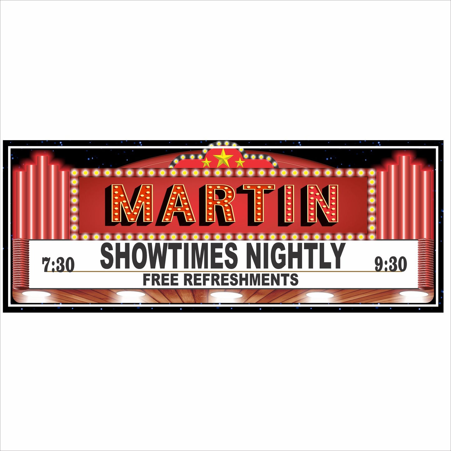 Personalized home theater marquee sign with retro movie lights and customizable showtimes, designed to look like a classic cinema entrance