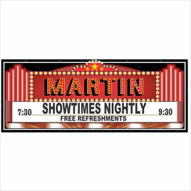 Personalized home theater marquee sign with retro movie lights and customizable showtimes, designed to look like a classic cinema entrance