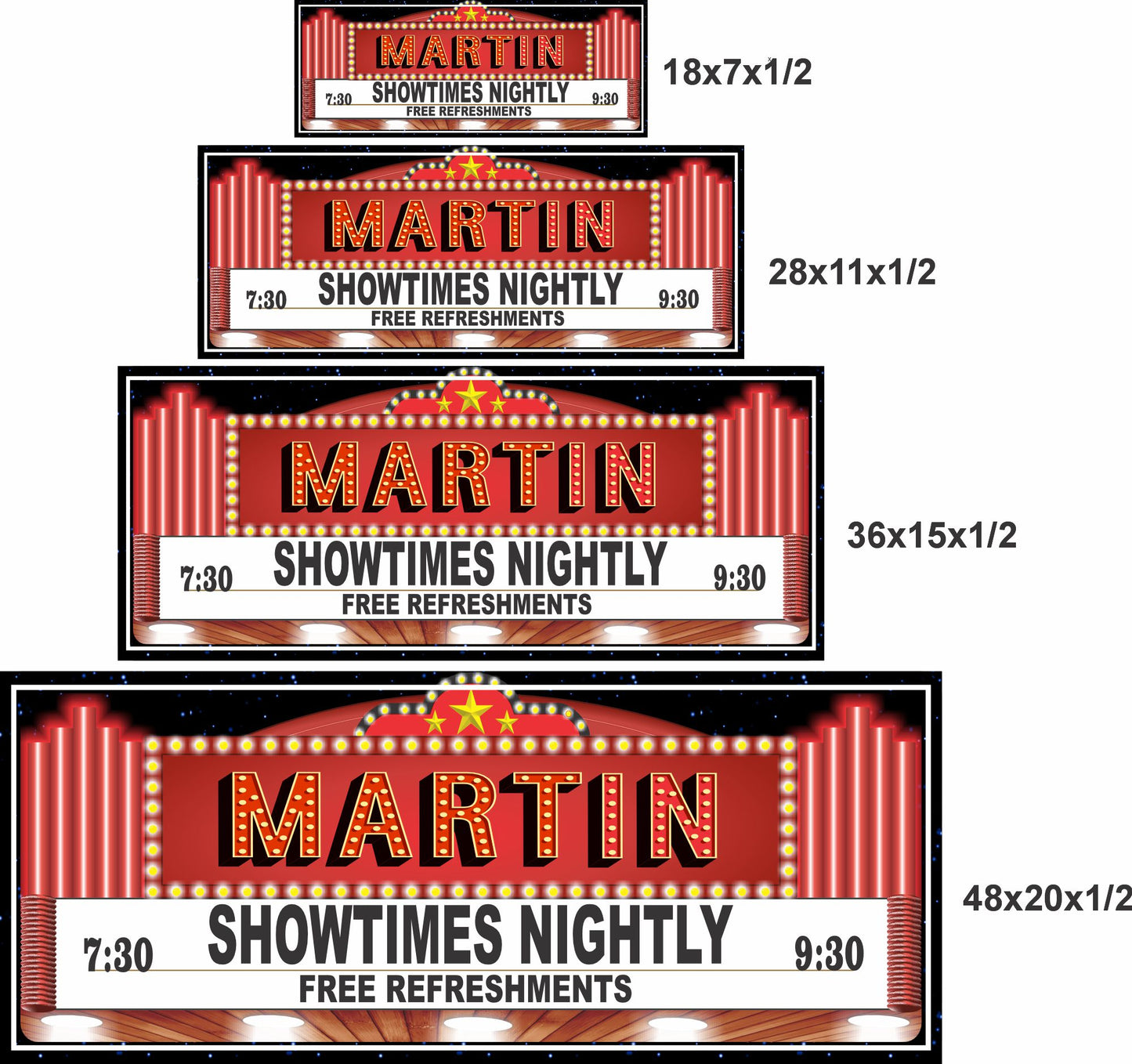 Side-by-side comparison showing the home theater marquee sign in four different sizes to help customers choose the right fit