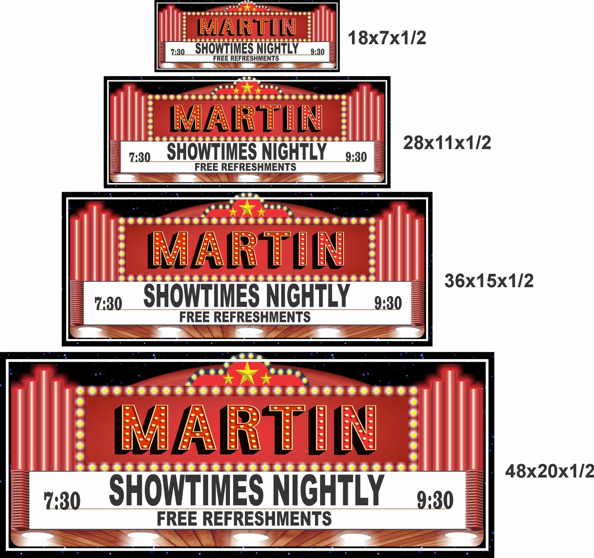 Side-by-side comparison showing the home theater marquee sign in four different sizes to help customers choose the right fit