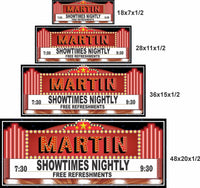 Side-by-side comparison showing the home theater marquee sign in four different sizes to help customers choose the right fit