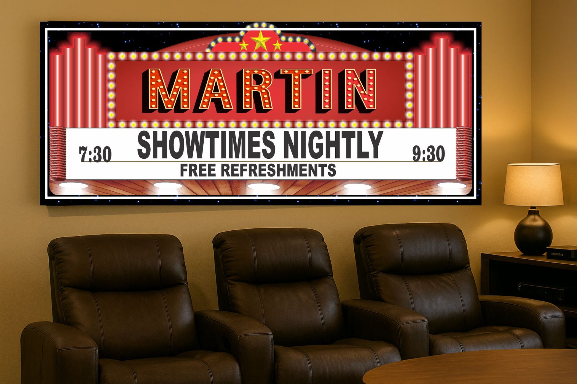 Home theater room with comfortable recliner seating and a personalized movie marquee wall sign displaying showtimes, designed as classic cinema decor