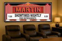 Home theater room with comfortable recliner seating and a personalized movie marquee wall sign displaying showtimes, designed as classic cinema decor