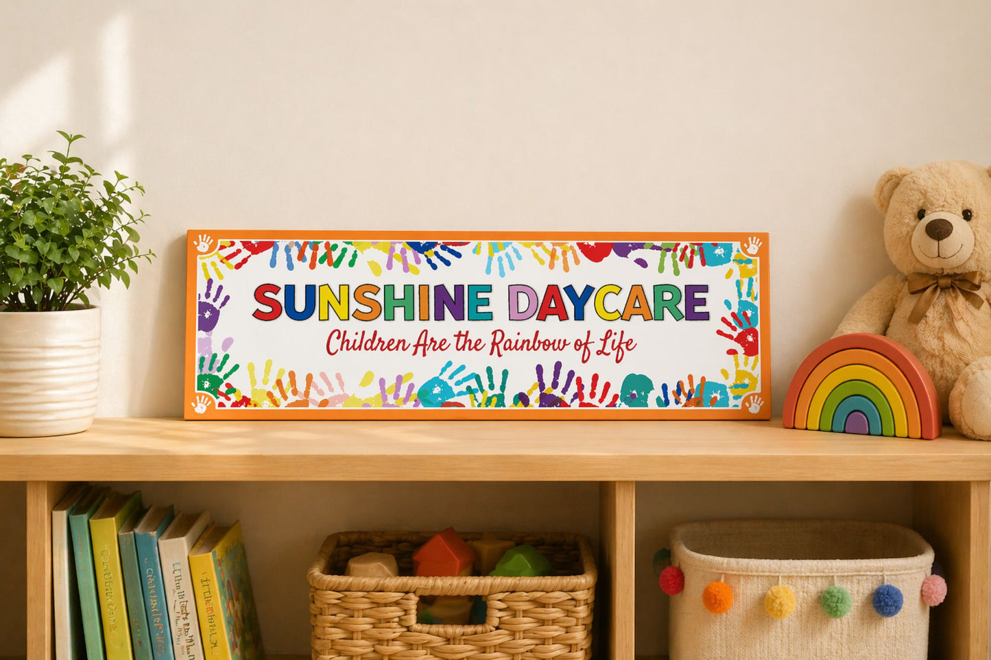 16x5 personalized daycare sign displayed on shelf small narrow childcare plaque with toys and books