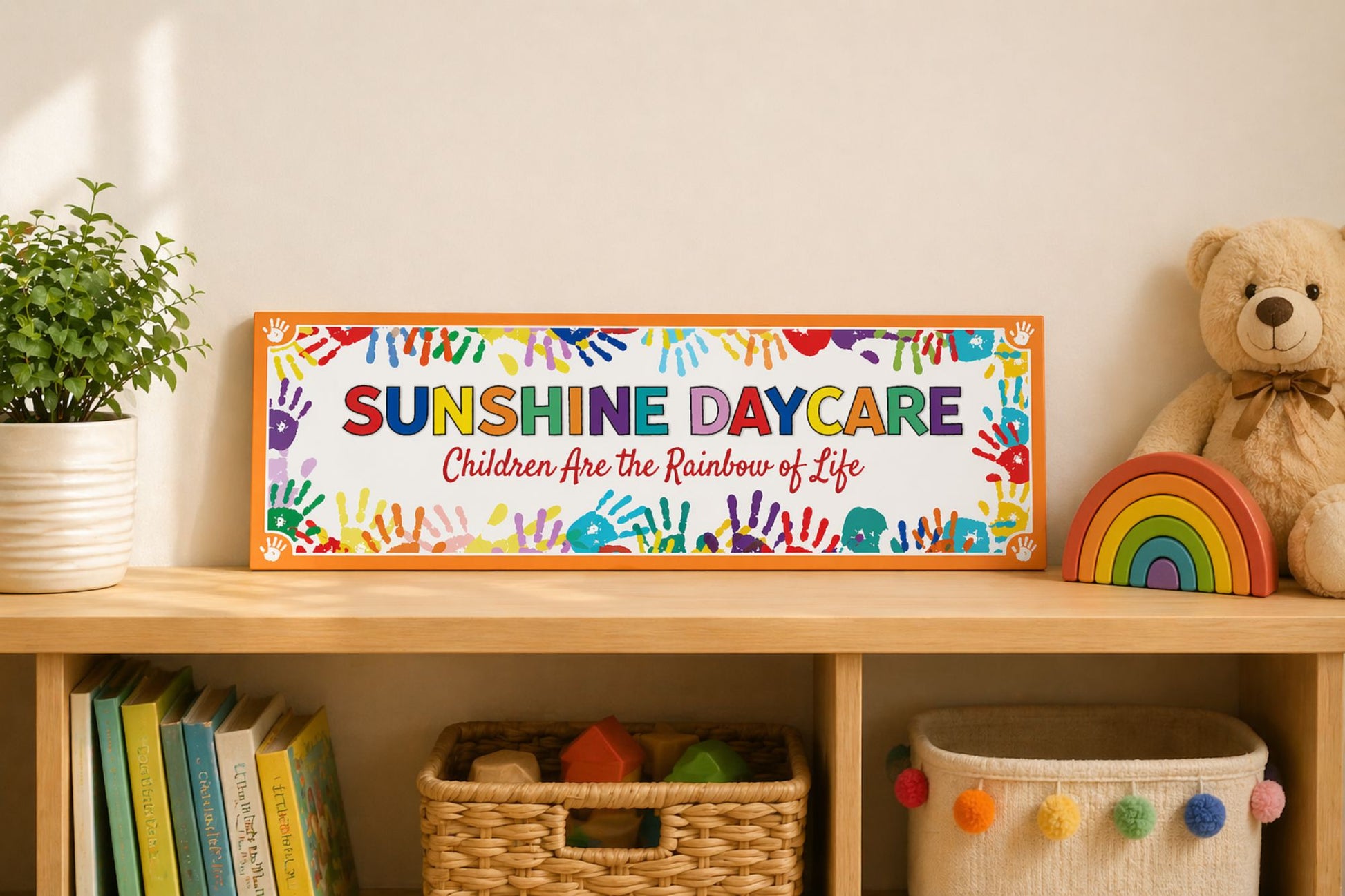 16x5 personalized daycare sign displayed on shelf small narrow childcare plaque with toys and books