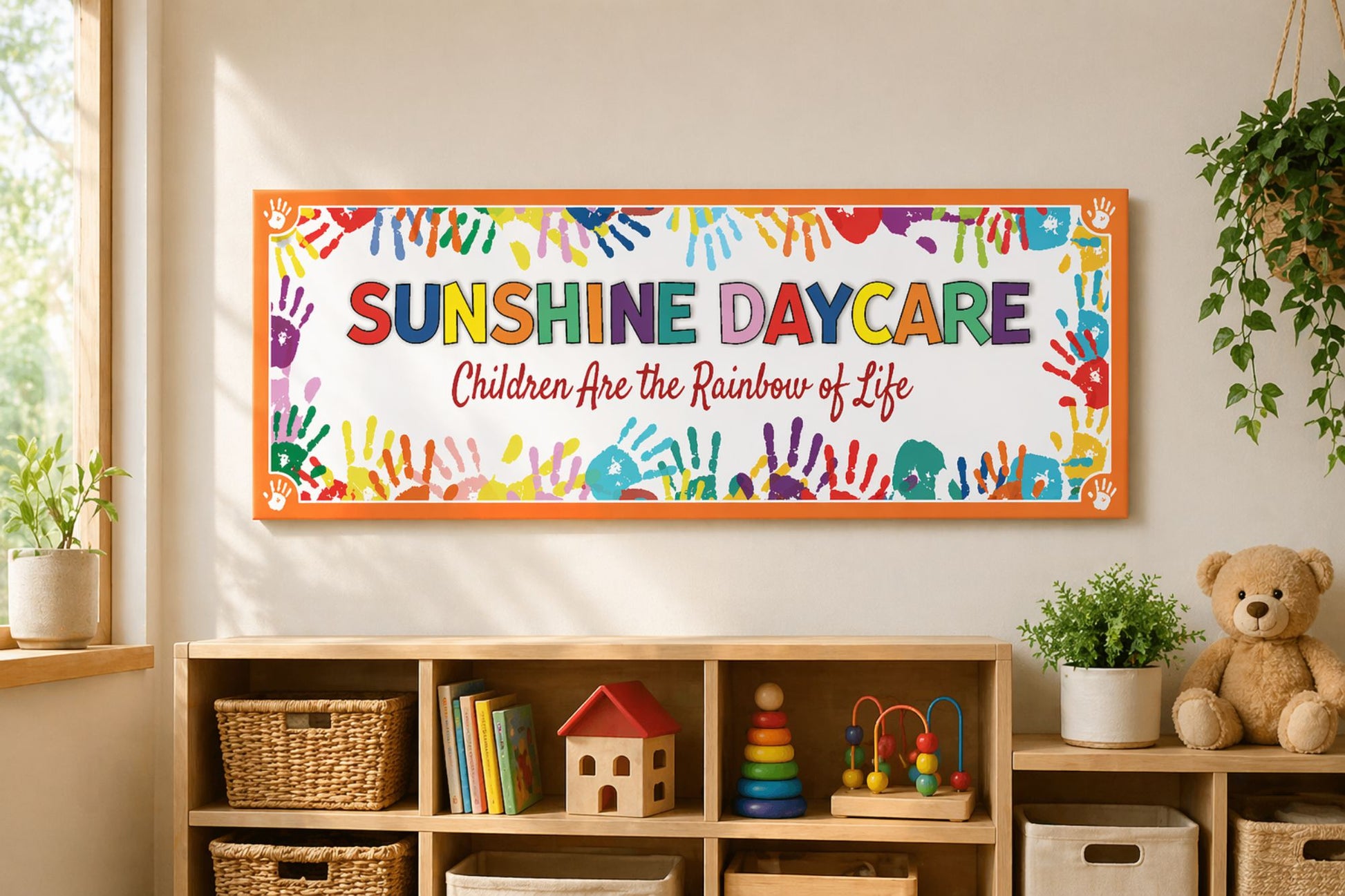 sunshine daycare personalized sign displayed on wall in childcare room with shelves toys and plants
