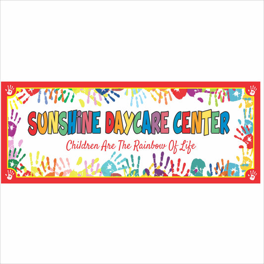 Personalized daycare sign with colorful handprints and playful lettering, customizable with daycare name and phrase