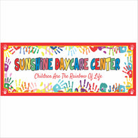 Personalized daycare sign with colorful handprints and playful lettering, customizable with daycare name and phrase