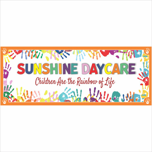 sunshine daycare personalized sign colorful handprint border childcare name plaque bright letters