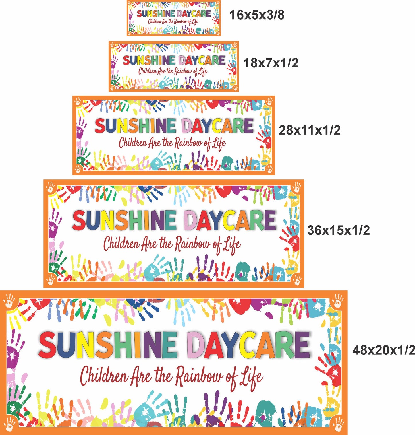 daycare sign size comparison showing 16x5 18x7 28x11 36x15 48x20 inch options for wall display