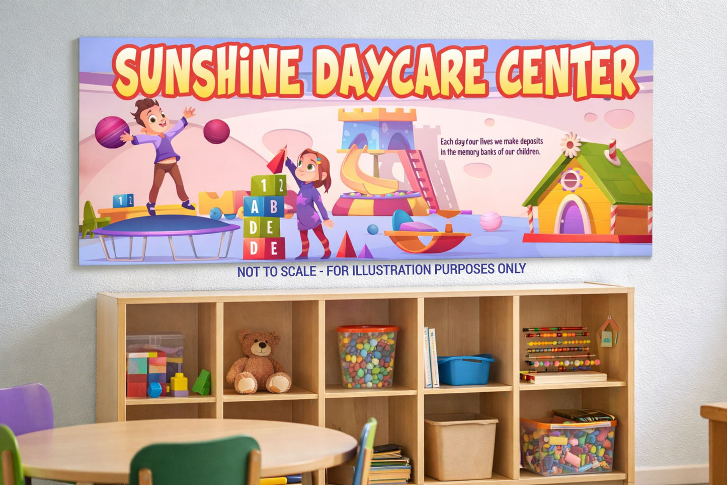 Personalized daycare center sign mounted on a light classroom wall above wooden cubbies filled with toys and learning materials