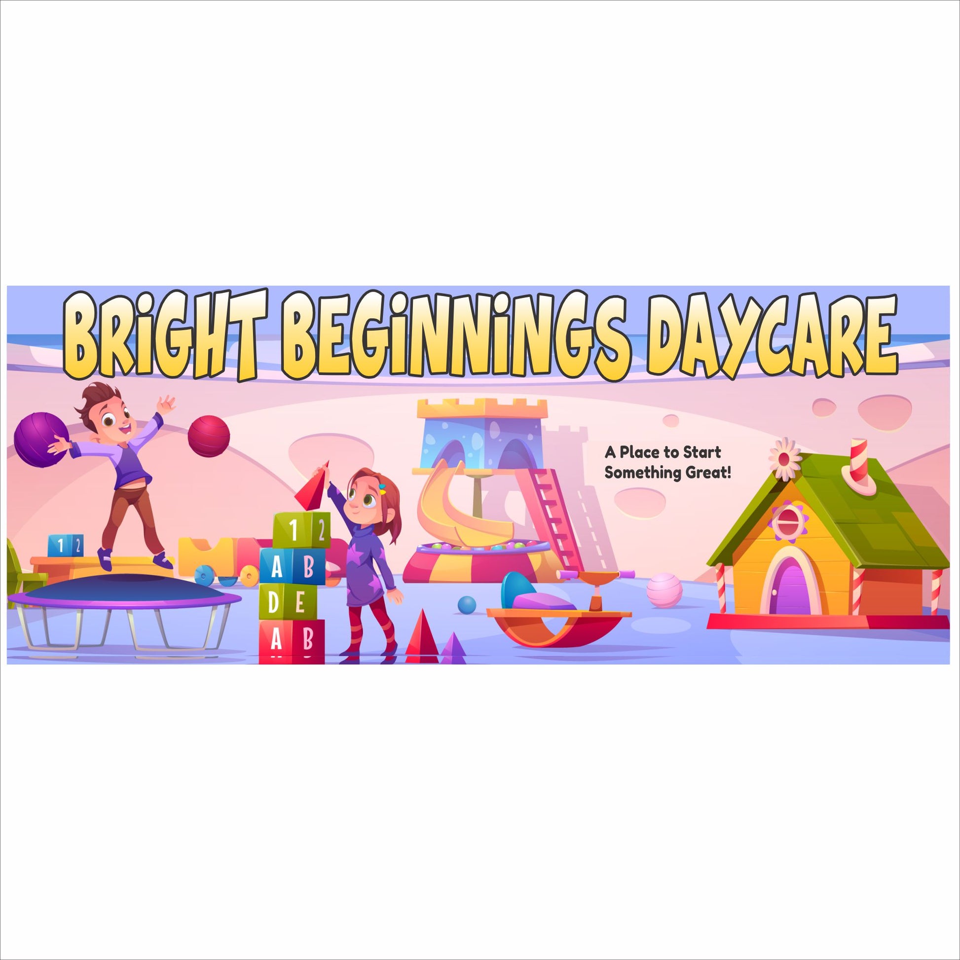 Personalized daycare center sign with colorful illustrated children and playful learning graphics on a wide rectangular vinyl mounted PVC sign