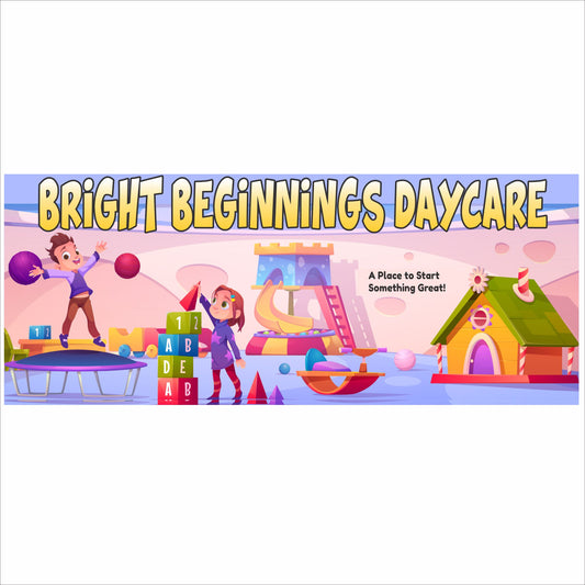 Personalized daycare center sign with colorful illustrated children and playful learning graphics on a wide rectangular vinyl mounted PVC sign