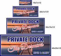 Comparison image showing the personalized dock sign in four different sizes displayed side by side, to help customers choose the right size for their space